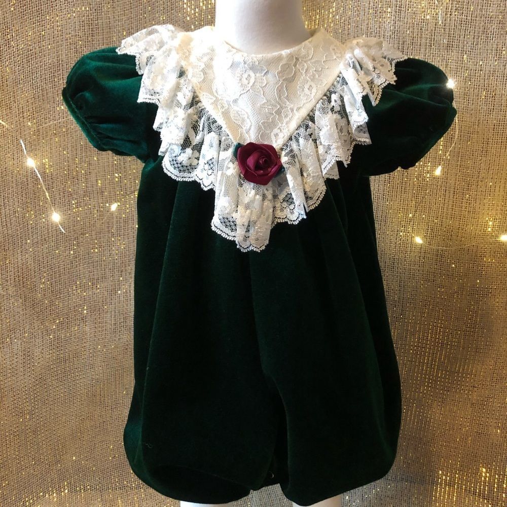 Vintage Rare Editions Green Velour Romper 6m